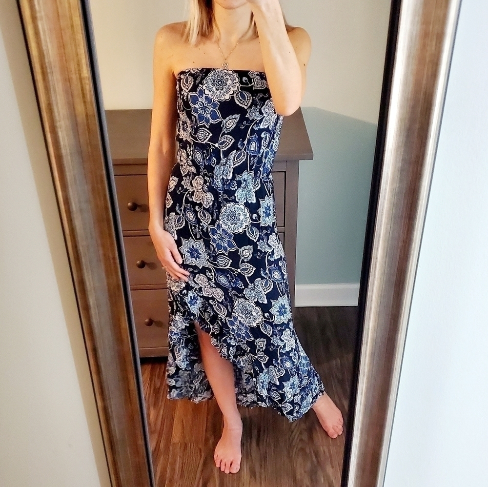NEW Aqua Navy Blue Floral Print Asymmentric Dress